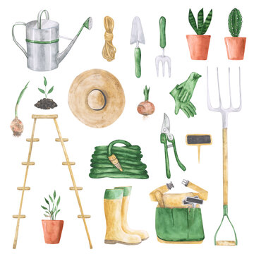 Set of 19 garden tools isolated. Hand-drawn watercolor gardening clipart. Watering can, sprout, garden apron, rake, hose, rope, spad, wellies, gloves, wooden stand, hat, bulb, pruner, pitchfork.