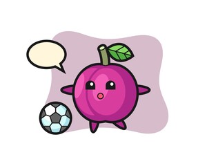 Illustration of plum fruit cartoon is playing soccer