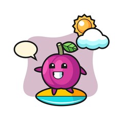 Illustration of plum fruit cartoon do surfing on the beach