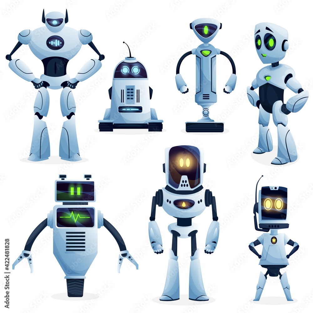 Aufkleber Robot and artificial intelligence bot cartoon characters. Vector ai robots, androids, cyborgs and droids with humanoid bodies, cute computer faces and mechanical manipulator arms, antennas, headphones