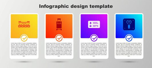 Obraz premium Set Cargo train wagon, Suitcase, Road traffic signpost and Repair of railway. Business infographic template. Vector