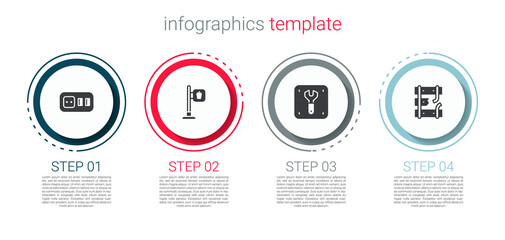 Set Electrical outlet, Cafe and restaurant location, Repair of railway and Broken rails. Business infographic template. Vector