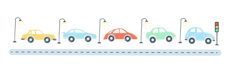 Naklejka premium traffic jam from cars flat simple cartoon style hand drawing. vector illustration