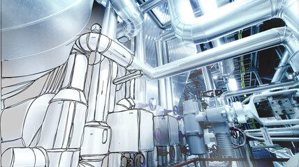 Sketch of piping design mixed with Steel pipelines and valves