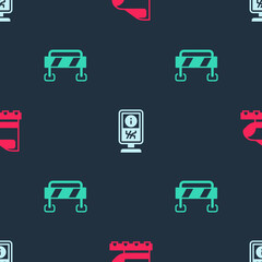 Set High-speed train, Information stand and Road barrier on seamless pattern. Vector