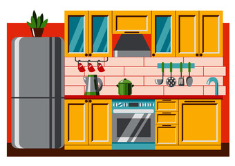 Интерьер кухни с желтой мебелью и холодильником