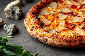 Baked chicken neopolitan pizza on the decorated grey background