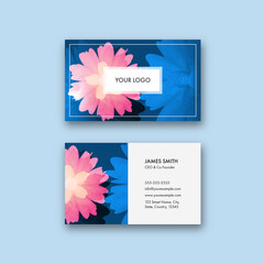 Business Or Visiting Card With Pink Flowers In Blue And White Color.