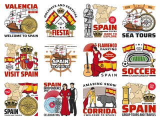 Fototapeta na wymiar Spain travel agency tours, spanish culture and history emblems. Columbus ship, astrolabe and compass, spain national flag and coat of arms, knight, royal crown, flamenco dancer, soccer stadium vector