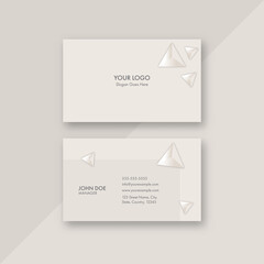 Horizontal Business Card Template Layout With 3D Triangle Elements On Beige Background.