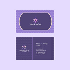 Editable Business Card Template Design With Criss Cross Pattern In Purple Color.