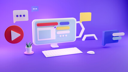 Modeling Abstract geometric shapes background with a computer. application interface. trendy design for social media advertising. 3d rendering on a purple background.