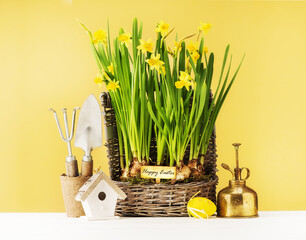 Easter arrangement with beautiful spring flowers, birdhouse and Easter decor