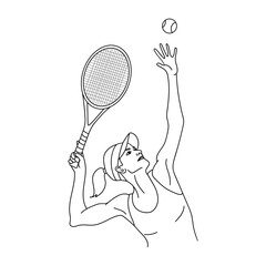 Tennis player outline silhouette or sketch. Woman or girl with a tennis racket and ball. Vector illustration.