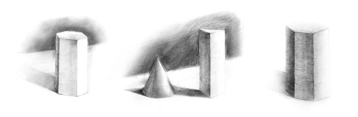 Drawing of a cone, various prisms. Separately and together. Isometry. Academic drawing. An old drawing.