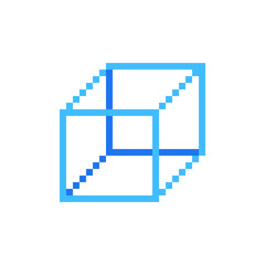 Isometric cube, blue cuboid, mathematics geometric shape. Parallelepiped pixel art icon. vector illustration. Isolated vector illustration.,