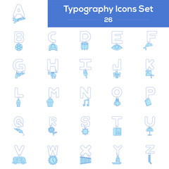 Blue And White Color Set of Typography Icon In Flat Style.