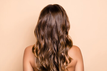 Back view photo of young girl woman with long wavy brown silky hair wear no clothes isolated on beige color background