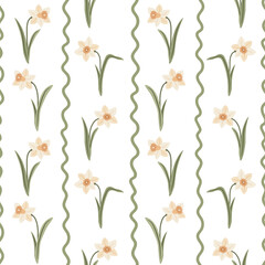 beautiful spring floral seamless pattern with cream daffodils and wavy vertical lines