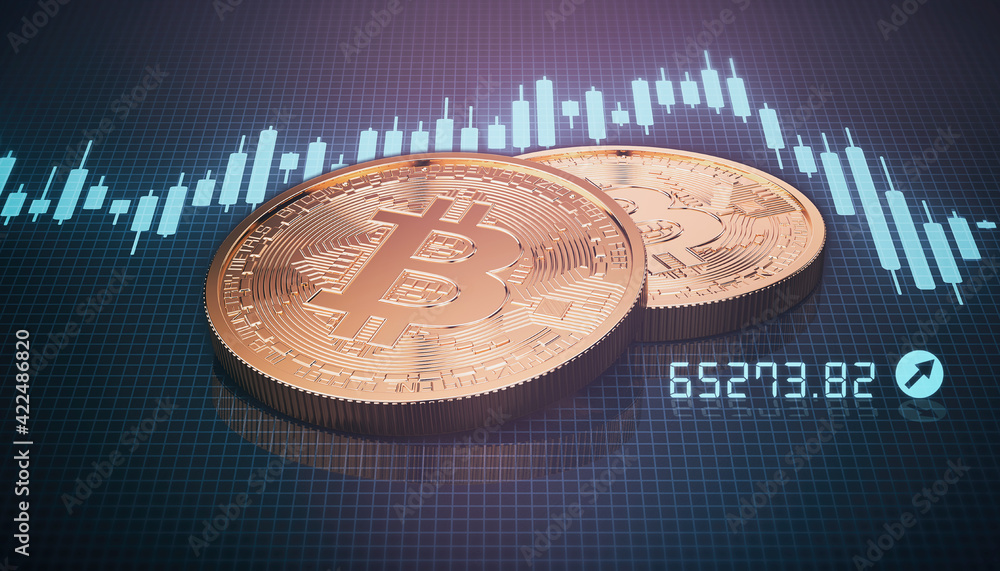 Poster 3d render of two golden bitcoin on trading chart background