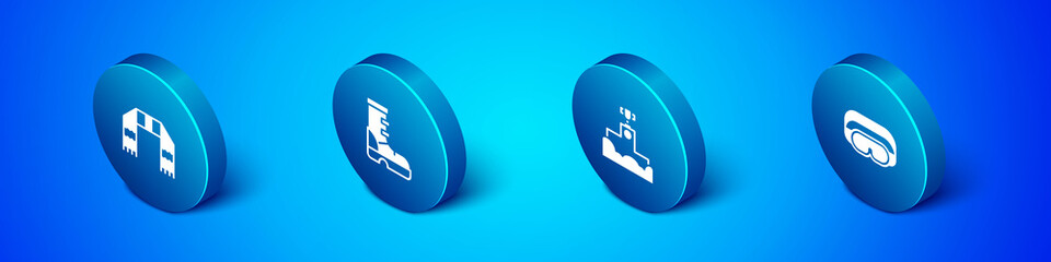 Set Isometric Winter scarf, Award winner podium, Ski goggles and Waterproof rubber boot icon. Vector