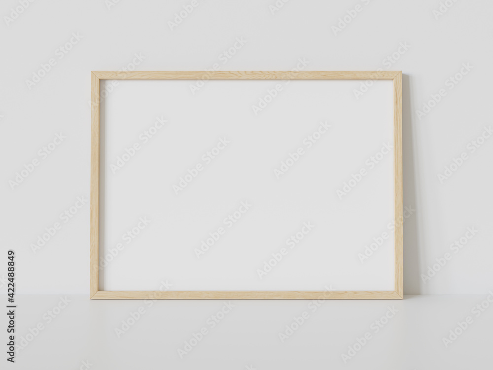 Poster wooden frame leaning on white floor in interior mockup. template of a picture framed on a wall 3d re