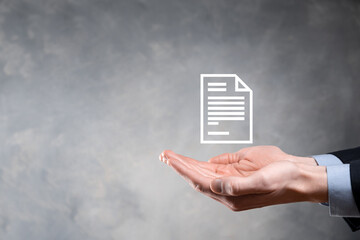 Businessman man holding a document icon in his hand Document Management Data System Business...