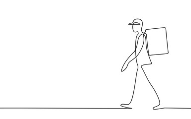 One line art walking delivery boy. Walk road food shipping mobile app order. Continuous line package thermal bag backpack dinner meal. Fast delivery concept vector illustration