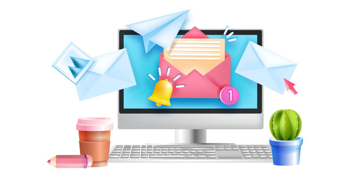 Subscribe to email newsletter vector banner, internet marketing illustration, computer screen, keyboard. Business web mailing website template, open envelope, notification bell. Subscribe newsletter