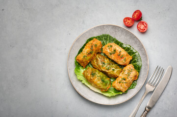 Golubtsi or golabki on gray plate on concrete table top. Stuffed cabbage rolls dish of russian, polish, ukrainian cuisine. European food.