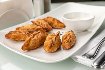 grilled dumplings on a white plate
