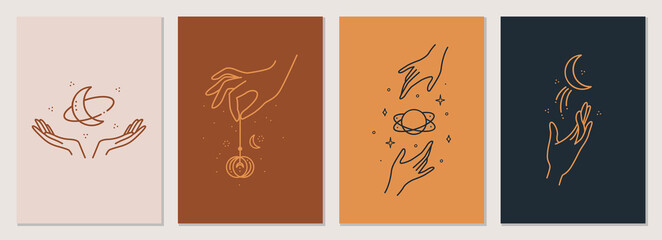 Celestial talisman with woman hands, sun, moon, stars sacred geometry isolated. Vector abstract logo design template in trendy linear minimal style.For cosmetics and packaging, jewellery, hand crafted