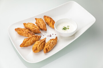 grilled dumplings on a white plate
