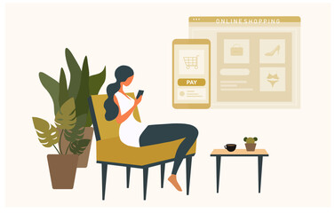 Online shopping at home concept. Woman using mobile app for shopping online at home vector illustration
Description103