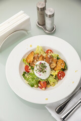 Caesar salad on a white plate and a white background

