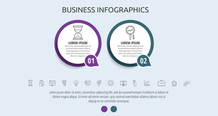 Fototapeta premium Circles vector line infographic with 2 step, icons. Timeline used for diagram, chart, web, banner, workflow layout, presentations, flowchart, info graph, content, levels, chart, processes diagram