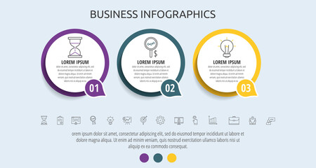 Circles vector infographic with 3 step, icons. Timeline used for diagram, chart, web, banner, flowchart, info graph, content, levels, chart, processes diagram
