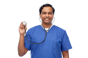happy indian male doctor or nurse with stethoscope