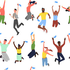 Seamless pattern with crowd of young happy smiling multinational diverse people in jumping poses throwing up face masks. Quarantine and pandemic of covid 19 is over. Back to normal. Isolated on white