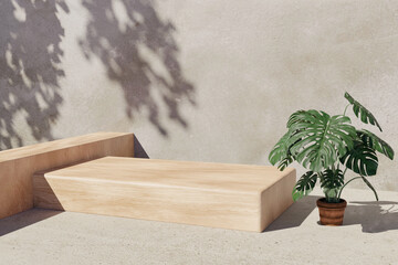 3d wooden podium display with leaf shadow and green plant