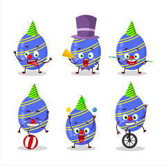 Cartoon character of blue easter egg with various circus shows