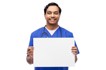 smiling male doctor or nurse with white board