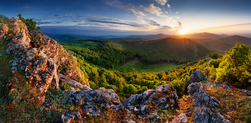 Slovakia - Vysoka hill, dramatic sunrise mountain nature panorama with rocks and forest