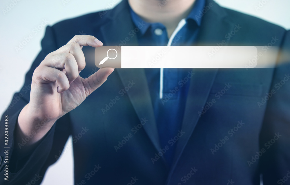Wall mural search browser. internet data information. search engine optimize on business. buisnessman hand touc