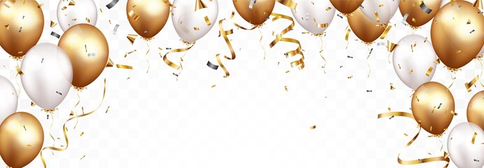 Celebration banner with gold confetti and balloons, isolated on transparent backgroound - 422494018