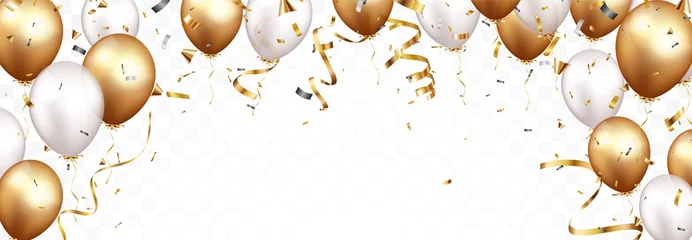 Fotobehang Celebration banner with gold confetti and balloons, isolated on transparent backgroound © radenmas