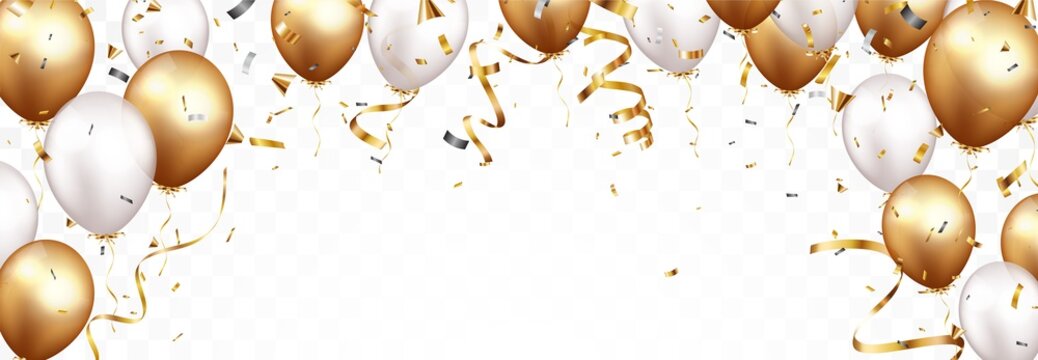 Celebration banner with gold confetti and balloons, isolated on transparent backgroound