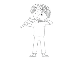 Sketch portrait of a curly-haired boy with a slingshot in his hands