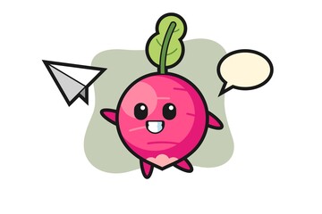 radish cartoon character throwing paper airplane