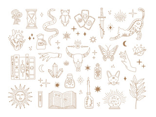 Witchcraft sacred big set, mystic magic symbols for tattoo, mystery gold line art collection, modern boho style elements sun, tarot cards, potion. Vector icons and logo illustration, white background